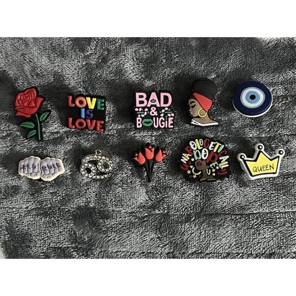 10 Croc Charms Crown Brown Queen Girls Rule BadnBougie Pisces Flowers Pride Eye - Picture 1 of 2